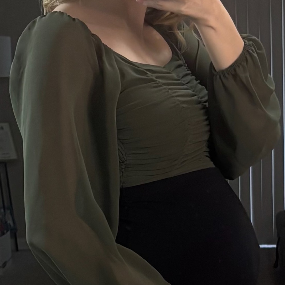 Altar'd State Olive Ruched Cropped Blouse